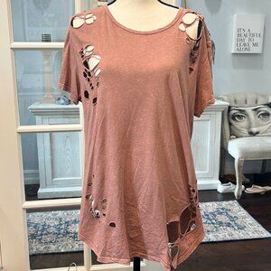 PPLA Dusty Rose Distressed T Shirt Curved Hem Mauve Pink L